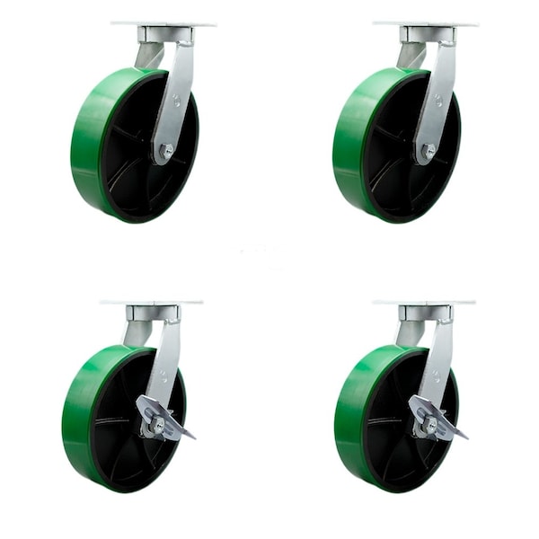 Service Caster 10'' Heavy Duty Green Poly on Cast Iron Wheel Swivel Caster Set with 2 Brakes, 4PK CRAN-SCC-KP92S1030-PUR-GB-2-SLB-2 - main